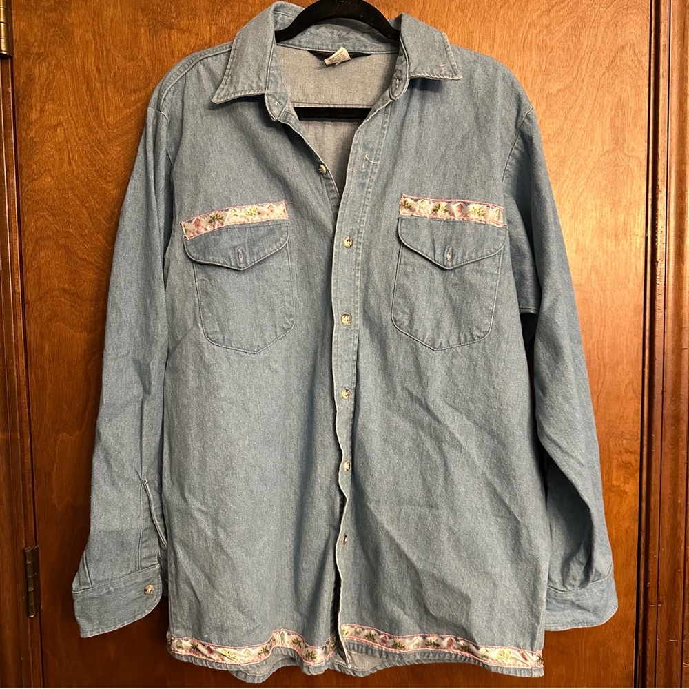 Vintage Oshkosh Denim Blue Jean Button Up Down Jacket Long Sleeve Bird House